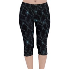 Turquoise Abstract Flowers With Splashes On A Dark Background  Abstract Print Velvet Capri Leggings  by SychEva