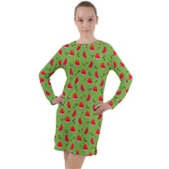 Juicy Slices Of Watermelon On A Green Background Long Sleeve Hoodie Dress by SychEva