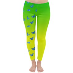 Blue Butterflies At Yellow And Green, Two Color Tone Gradient Classic Winter Leggings by Casemiro