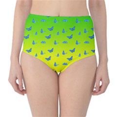 Blue Butterflies At Yellow And Green, Two Color Tone Gradient Classic High-waist Bikini Bottoms by Casemiro