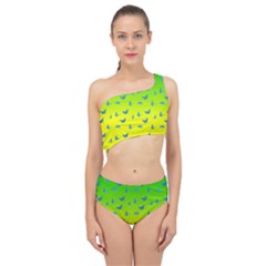 Blue Butterflies At Yellow And Green, Two Color Tone Gradient Spliced Up Two Piece Swimsuit by Casemiro