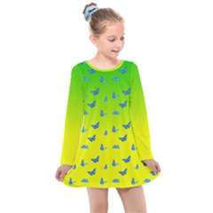 Blue Butterflies At Yellow And Green, Two Color Tone Gradient Kids  Long Sleeve Dress