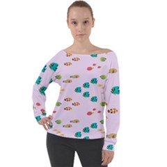 Marine Fish Multicolored On A Pink Background Off Shoulder Long Sleeve Velour Top by SychEva