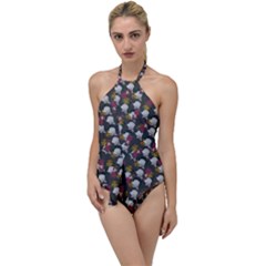 Vintage Floral And Goth Girl Grey Bg Go With The Flow One Piece Swimsuit by snowwhitegirl
