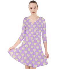 Yellow Hearts On A Light Purple Background Quarter Sleeve Front Wrap Dress by SychEva