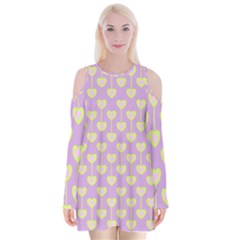 Yellow Hearts On A Light Purple Background Velvet Long Sleeve Shoulder Cutout Dress by SychEva