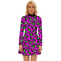Pink And Green Leopard Spots Pattern Long Sleeve Velour Longline Dress by Casemiro