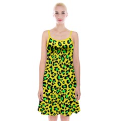 Yellow And Green, Neon Leopard Spots Pattern Spaghetti Strap Velvet Dress by Casemiro