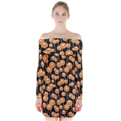 Orange Dandelions On A Dark Background Long Sleeve Off Shoulder Dress by SychEva