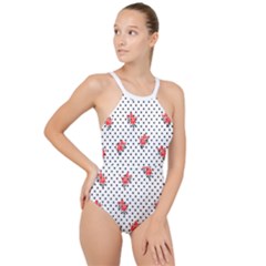 Red Vector Roses And Black Polka Dots Pattern High Neck One Piece Swimsuit by Casemiro