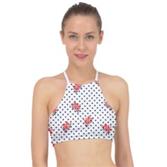 Red Vector Roses And Black Polka Dots Pattern Racer Front Bikini Top by Casemiro