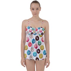 Delicious Multicolored Donuts On White Background Babydoll Tankini Set by SychEva
