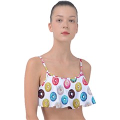 Delicious Multicolored Donuts On White Background Frill Bikini Top by SychEva