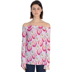 Pink And White Donuts Off Shoulder Long Sleeve Top by SychEva
