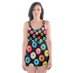 Multicolored Donuts On A Black Background Skater Dress Swimsuit by SychEva