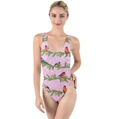 Bullfinches Sit On Branches On A Pink Background High Leg Strappy Swimsuit by SychEva