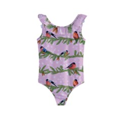 Bullfinches Sit On Branches On A Pink Background Kids  Frill Swimsuit by SychEva