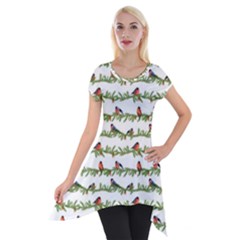 Bullfinches On The Branches Short Sleeve Side Drop Tunic by SychEva