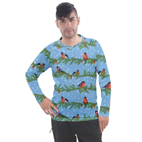 Bullfinches On Spruce Branches Men s Pique Long Sleeve Tee by SychEva