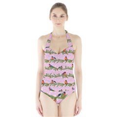 Bullfinches Sit On Branches On A Pink Background Halter Swimsuit by SychEva