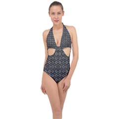 Black Lace Halter Front Plunge Swimsuit by SychEva