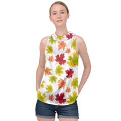 Bright Autumn Leaves High Neck Satin Top by SychEva
