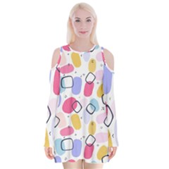 Abstract Multicolored Shapes Velvet Long Sleeve Shoulder Cutout Dress by SychEva