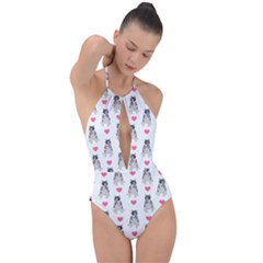Little Husky With Hearts Plunge Cut Halter Swimsuit by SychEva