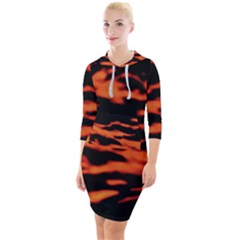 Red  Waves Abstract Series No9 Quarter Sleeve Hood Bodycon Dress by DimitriosArt