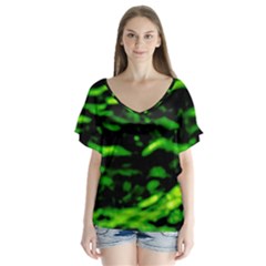 Green  Waves Abstract Series No3 V-neck Flutter Sleeve Top by DimitriosArt