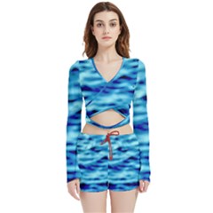 Blue Waves Abstract Series No4 Velvet Wrap Crop Top And Shorts Set by DimitriosArt