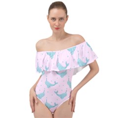 Narwales Stars  Pattern Pink Off Shoulder Velour Bodysuit  by Littlebird