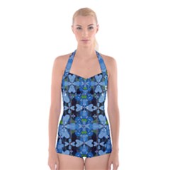 Rare Excotic Blue Flowers In The Forest Of Calm And Peace Boyleg Halter Swimsuit  by pepitasart