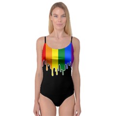 Gay Pride Flag Rainbow Drip On Black Blank Black For Designs Camisole Leotard  by VernenInk