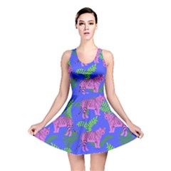 Pink Tigers On A Blue Background Reversible Skater Dress by SychEva