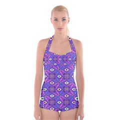 Abstract Illustration With Eyes Boyleg Halter Swimsuit  by SychEva