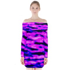 Purple  Waves Abstract Series No6 Long Sleeve Off Shoulder Dress by DimitriosArt