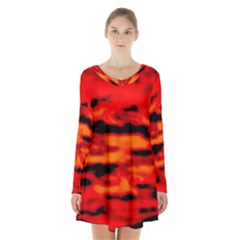 Red  Waves Abstract Series No16 Long Sleeve Velvet V-neck Dress by DimitriosArt