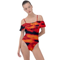 Red  Waves Abstract Series No16 Frill Detail One Piece Swimsuit by DimitriosArt