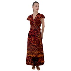 Red Waves Flow Series 2 Flutter Sleeve Maxi Dress by DimitriosArt
