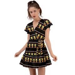 Tribal Shapes Black Flutter Sleeve Wrap Dress by FunDressesShop