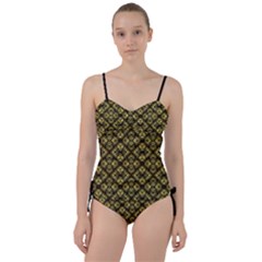 Tiled Mozaic Pattern, Gold And Black Color Symetric Design Sweetheart Tankini Set by Casemiro