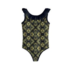 Tiled Mozaic Pattern, Gold And Black Color Symetric Design Kids  Frill Swimsuit by Casemiro
