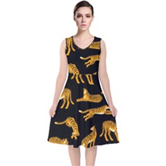 Seamless-exotic-pattern-with-tigers V-neck Midi Sleeveless Dress  by Jancukart