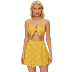 Hexagons Yellow Honeycomb Hive Bee Hive Pattern Vintage Style Bikini Top And Skirt Set 