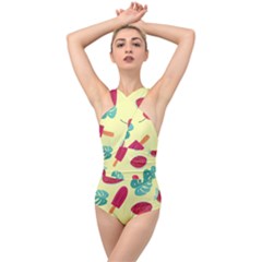 Watermelon Leaves Cherry Background Pattern Cross Front Low Back Swimsuit by nate14shop