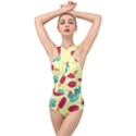 Watermelon Leaves Cherry Background Pattern Cross Front Low Back Swimsuit View1