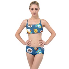Seamless-pattern-vector-with-spacecraft-funny-animals-astronaut Layered Top Bikini Set by Jancukart