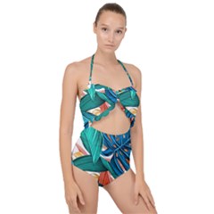 Leaves Tropical Exotic Scallop Top Cut Out Swimsuit by artworkshop