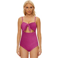 Pink Leather Leather Texture Skin Texture Knot Front One-piece Swimsuit by artworkshop